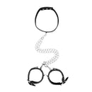 Ouch! Black & White Bonded Leather Collar With Hand Cuffs With Adjustable Straps And Chain